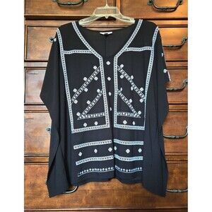 Dana Buchman Peruvian Embroidered Design Slimming Black Stretchy Dolman Poncho L